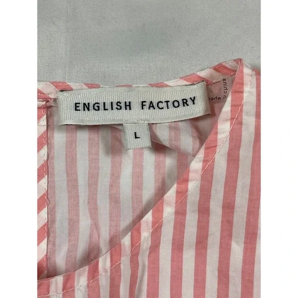 ENGLISH FACTORY Pink White Stripe Puff Sleeve Peplum Scallop Hem Top L‎ - Picture 6 of 13
